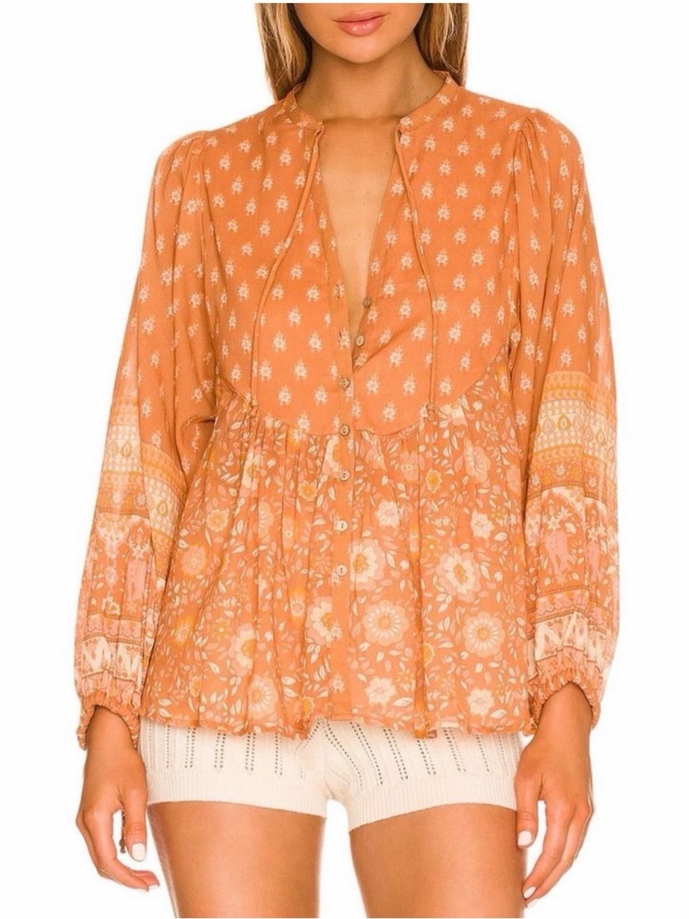 Spell & The Gypsy Bohemian Orange Button-Front Peasant Top